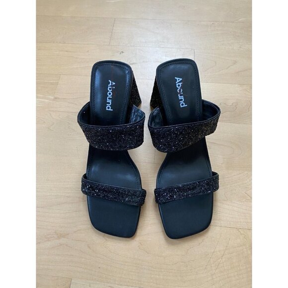 ABOUND "Carina" Block Triangle Heel Sandals Black Glitter Slides - Picture 2 of 9